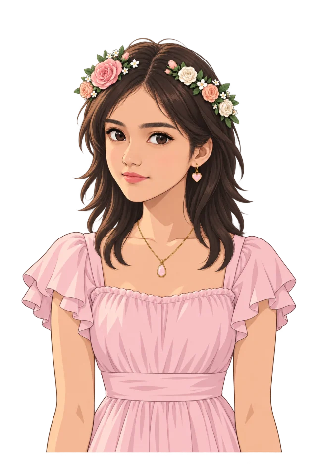 Ilustración de Asami con corona de flores tropicales